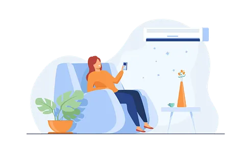 Illustrasjon - Dame i lenestol med varmepumpe på veggen