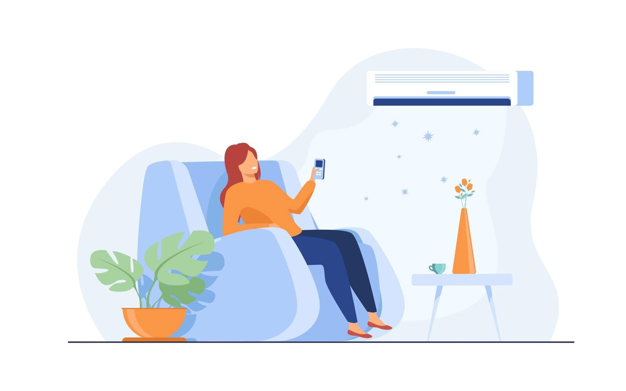 Illustrasjon - Dame i lenestol med varmepumpe på veggen