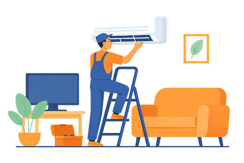 Illustrasjon - Dame i lenestol med varmepumpe på veggen