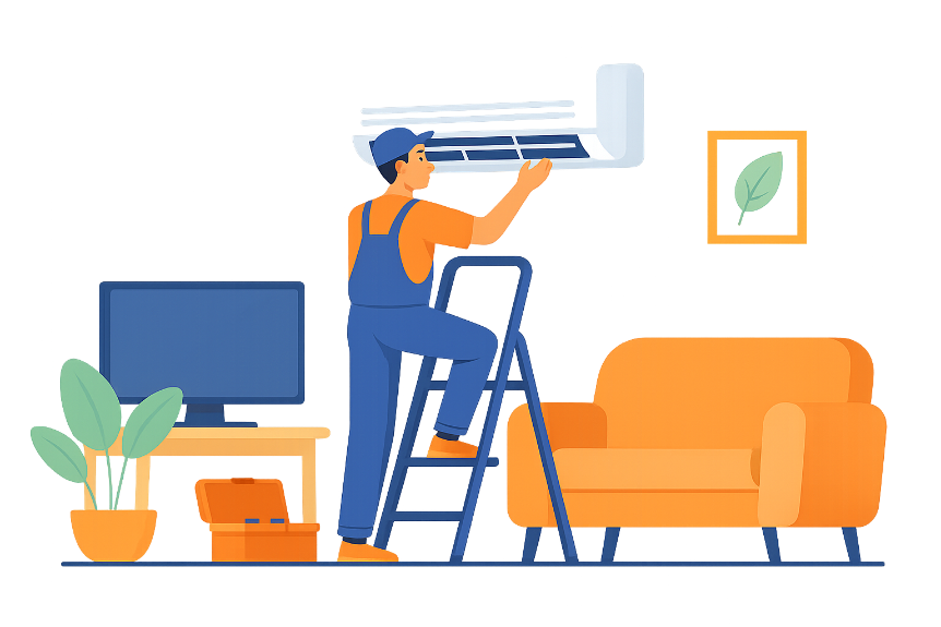 Illustrasjon - Dame i lenestol med varmepumpe på veggen